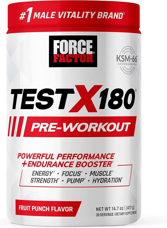 FORCE FACTOR Test X180 Pre-Workout Powder & Energy Supplement, Boost Focus & Endurance, Build Muscle & Strength, Nitric Oxide Supplement with Ashwagandaha & L-Citrulline, Fruit Punch, 30 Servings
