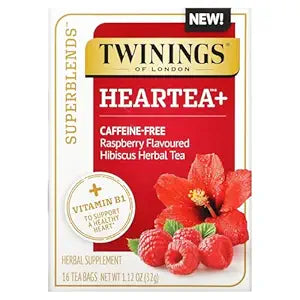 Twinings, Superblends, Heartea with Vitamin B1, Raspberry, Hibiscus Herbal Tea, Caffeine Free, 16 Tea Bags, 1.12 oz (32 g)